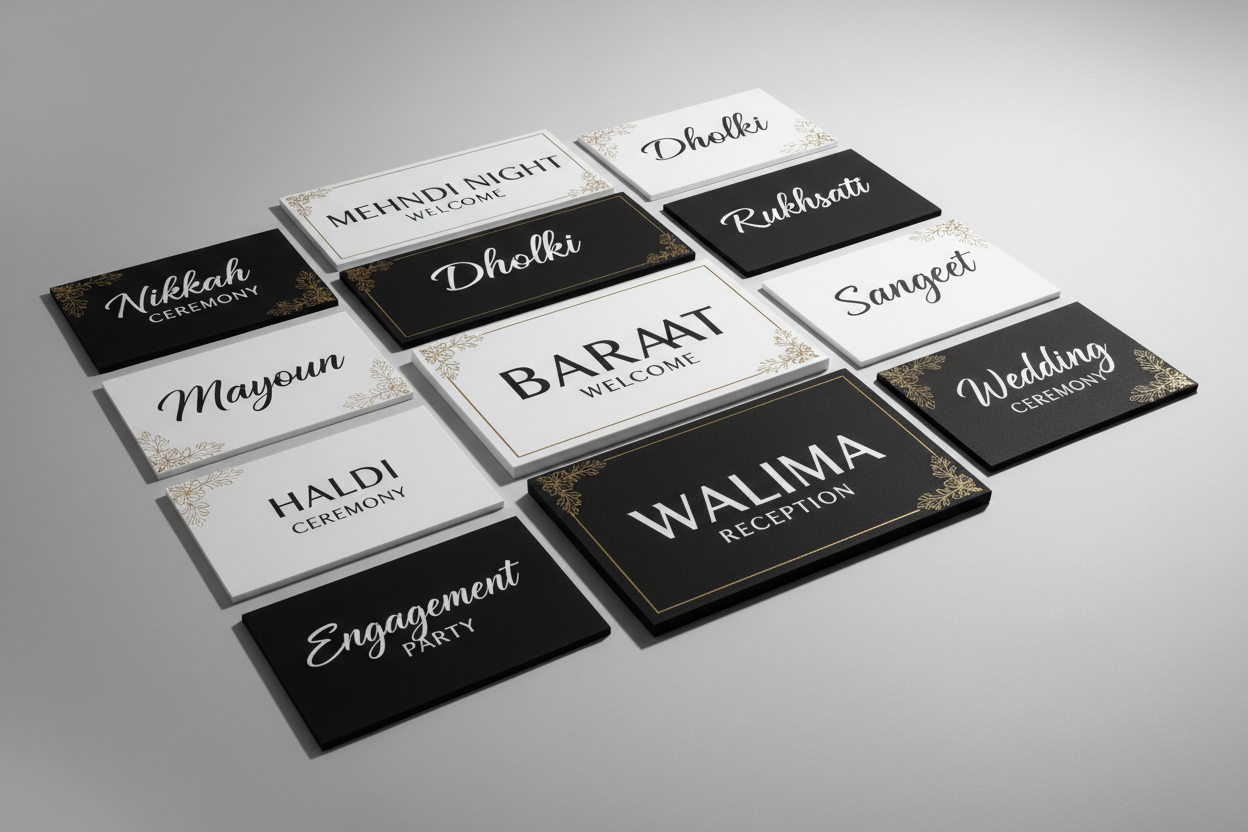 "Create a high-resolution, photorealistic product photography scene showing a collection of elegant foam board signs for various wedding and event ceremonies. The scene should feature:

Multiple premium white or black foam board signs (8-12 signs) arranged in an organized, visually appealing layout
Each sign displays different event names: 'Nikkah Ceremony', 'Mehndi Night', 'Dholki', 'Mayoun', 'Baraat Welcome', 'Rukhsati', 'Walima Reception', 'Sangeet', 'Haldi Ceremony', 'Engagement Party', 'Wedding Ceremon